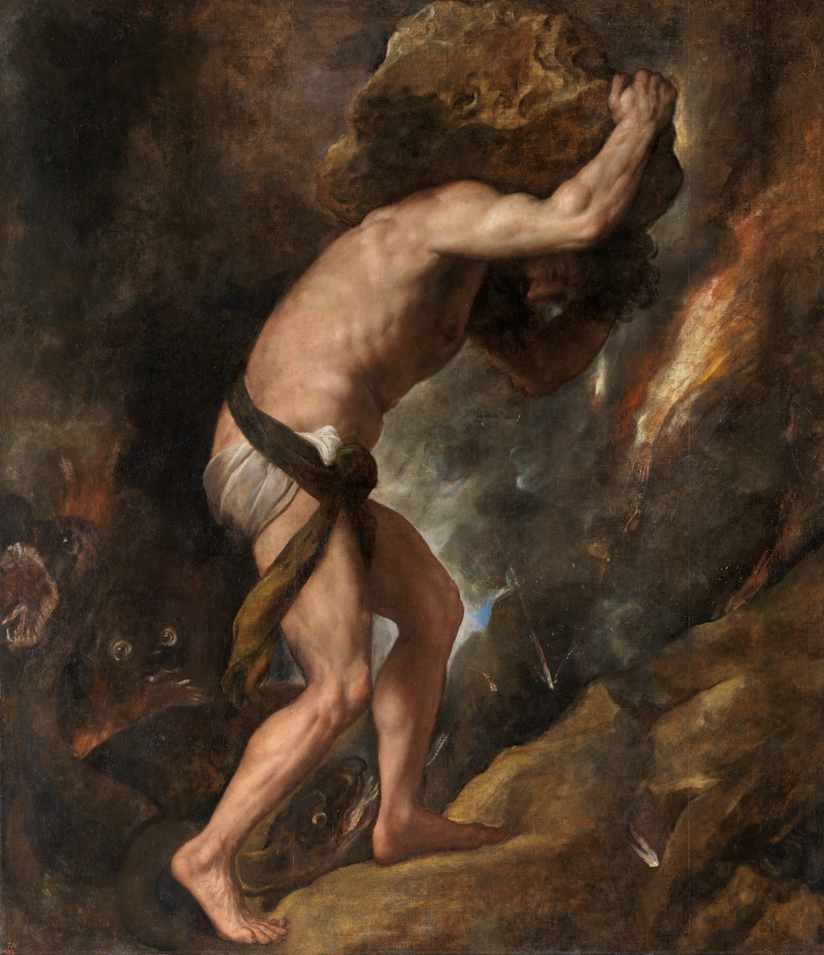 Sisyphus carrying his great stone, painted by Titian.