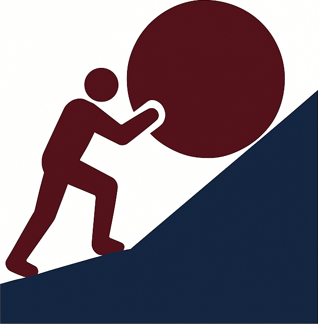 Sisyphus Logistics mark: a man pushing a boulder up a hill